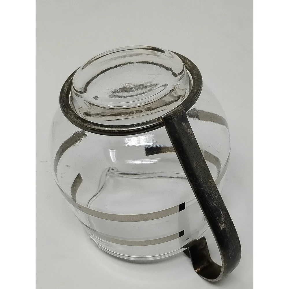 Minimalist Retro Vintage MCM Glass Creamer Pitcher Silver Tone Metal Base 3in